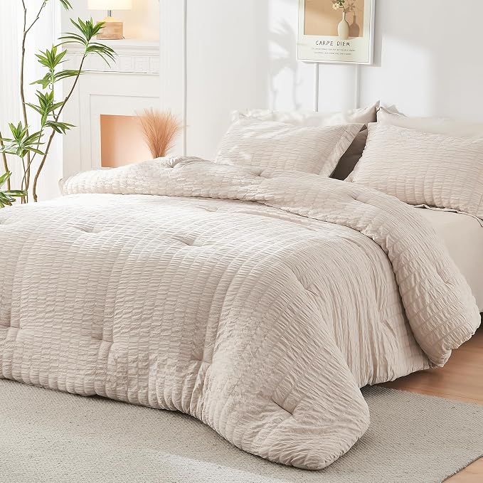 HYMOKEGE Beige Oversized Queen Comforter Set Seersucker 7 Pieces, All Season - Image 8