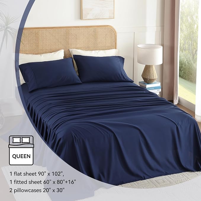 Queen Sheet Set 4 Pieces, Wrinkle Free, Oeko-Tex Certified Bedsheets，Navy Blue - Image 6