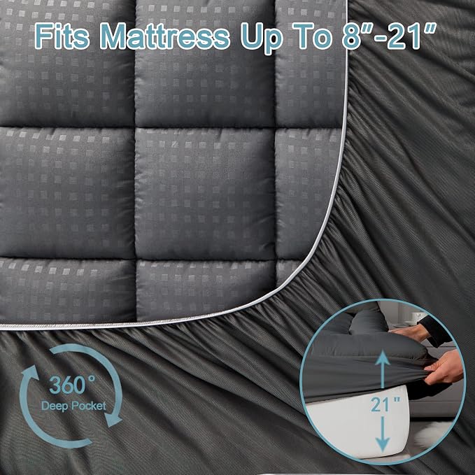 HYLEORY King Mattress Pad Quilted Fitted Mattress Protector Cooling Pillow Top - Image 5