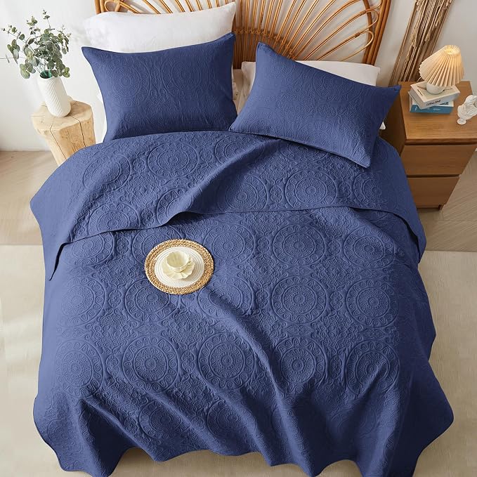 WURUIBO Navy Blue Quilt Set Twin Size, Embossing Microfiber Bedspreads - Image 8