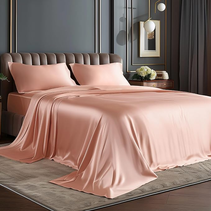 BEDELITE Satin Sheets Twin Size Bed Set, Luxury Soft Coral Pink Silky Sheets by BEDELITE