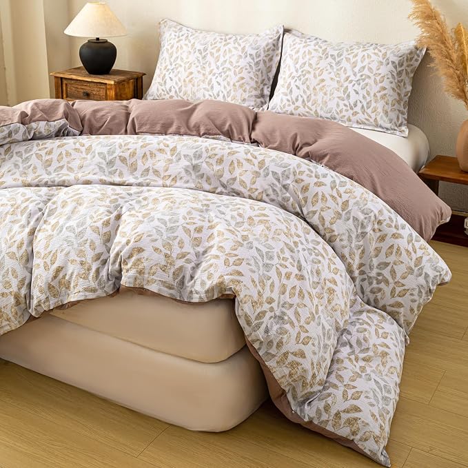 OAITE Coffee Leaves Twin Size Duvet Cover-3 Pieces Prewashed Cotton-Like - Image 2