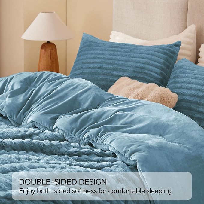 BEDELITE Fleece Full Comforter Set -Super Soft & Warm Fluffy Blue Fog Bedding - Image 5