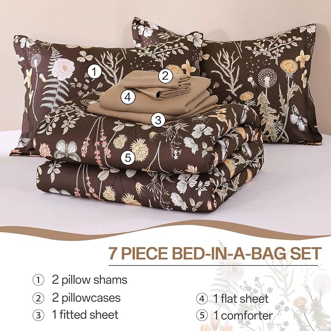 Yiran Brown Comforter Set Queen Size, 7 Piece Floral Comforter Bedding Set - Image 8