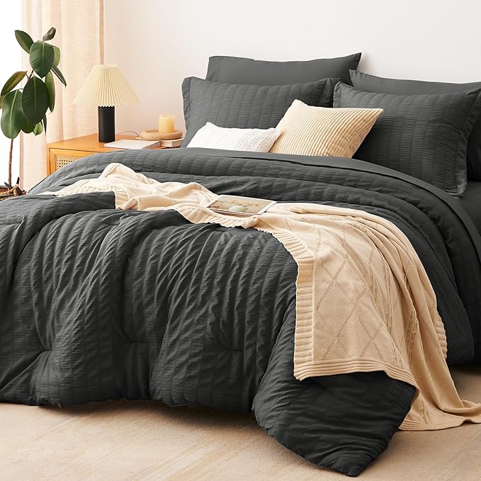 CozyLux Oversized King Comforter Set Dark Grey Seersucker 7 Pieces 120x98 Bed by CozyLux