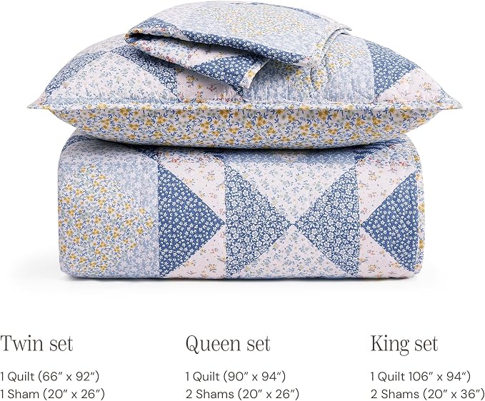 BLOOMHAVEN Quilt Set Twin Size, Patchwork Blue Marigold Floral Quilt Sets - Image 8