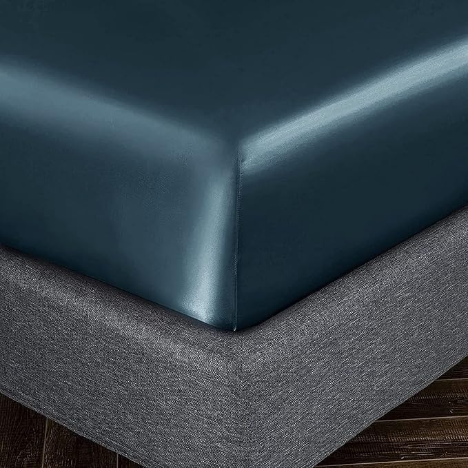 Homiest Deep Sea Blue Satin Fitted Sheet Twin XL Size, Deep Pocket, Luxury & - Image 3