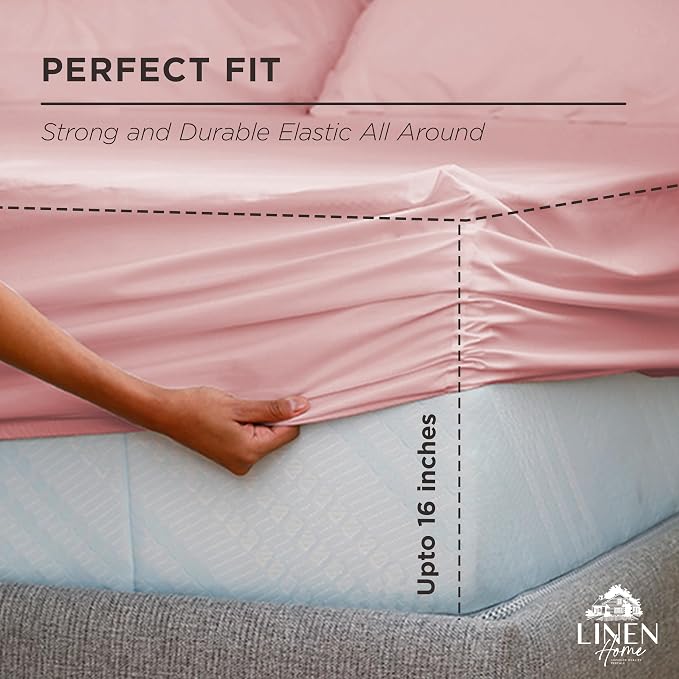 Linen Home 100% Long-Staple Cotton Percale Weave Fitted Sheet, Queen Size - Image 3