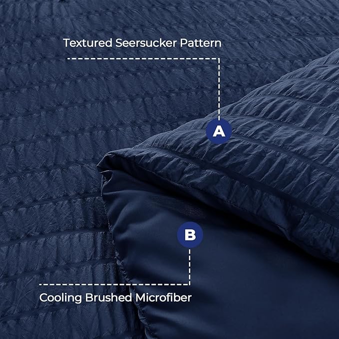 HYMOKEGE Navy Blue Duvet Cover Queen Size, Ultra Soft 3-Piece Seersucker Duvet - Image 3