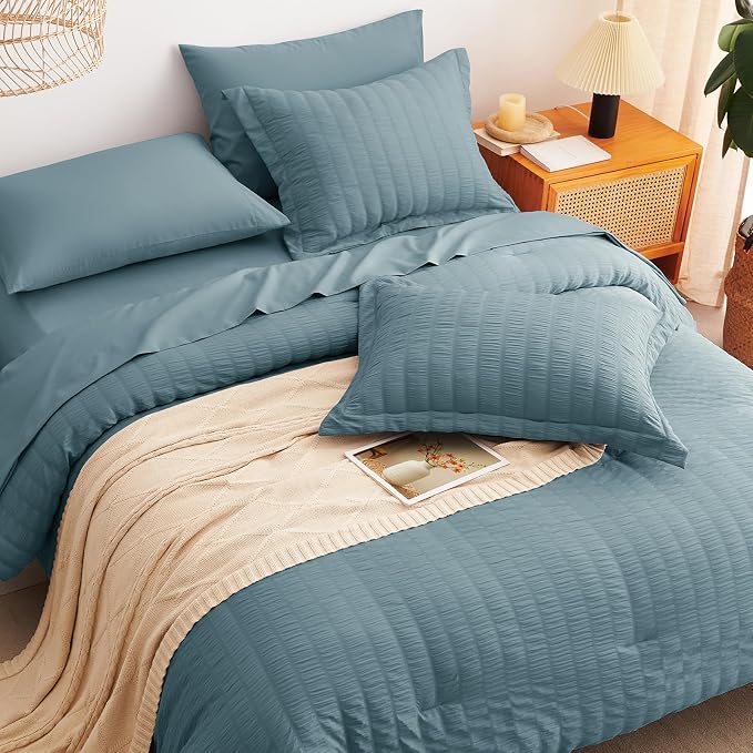 CozyLux King Size Comforter Set Mineral Blue Seersucker 7 Pieces Bed in a Bag - Image 6