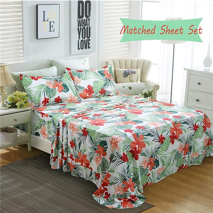 FADFAY Green Duvet Cover 100% Cotton Tropical Bedding Red Hibiscus Flower & - Image 4