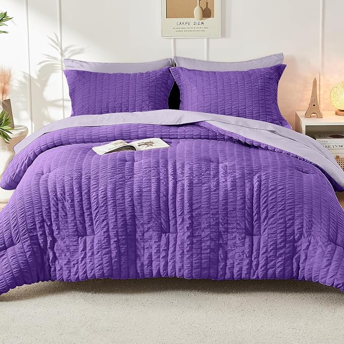 HYMOKEGE Dark Purple/Lavender Twin XL Comforter Set Seersucker 5 Pieces - Image 9