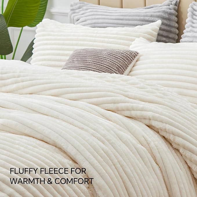 BEDELITE Fleece Full Comforter Set -Super Soft & Warm Fluffy Cream White Bedding - Image 6