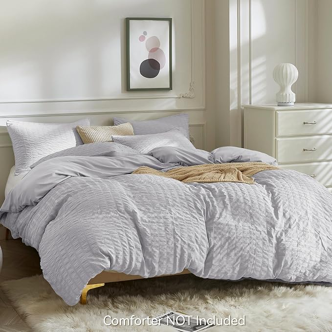 JELLYMONI Light Grey Duvet Cover Twin Size, Soft Breathable Seersucker Duvet - Image 3