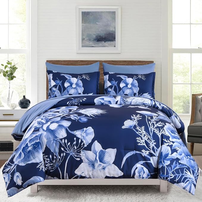 Luxudecor Floral Comforter Set Queen Size 7 Piece, Elegant Floral Comforter by Luxudecor