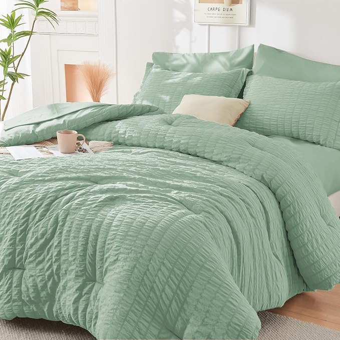 HYMOKEGE Sage Green California King Comforter Set Seersucker 7 Pieces, All by HYMOKEGE