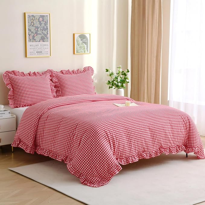 Silnuo Red/White Checkered Ruffle 3-Piece Duvet Cover Set Full Size, Washed - Image 8