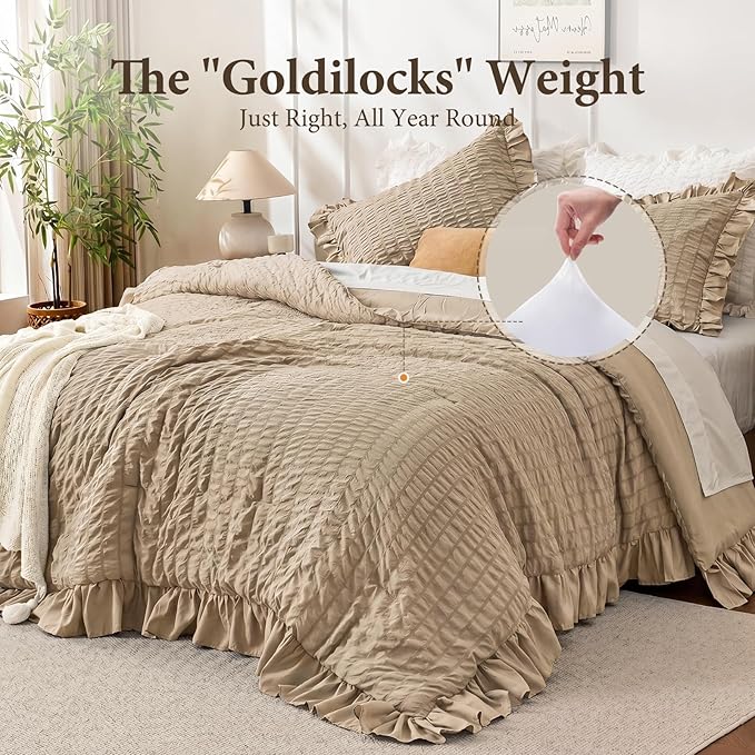JOLLYVOGUE Twin Size Comforter Set, 2 Pieces Khaki Seersucker Lightweight - Image 3