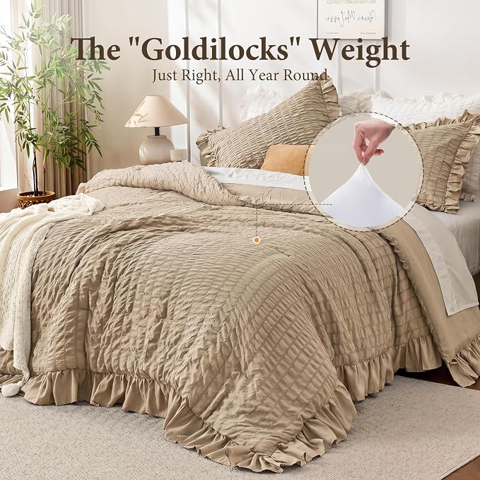 JOLLYVOGUE Queen Comforter Set, 3 Pieces Khaki Seersucker Comforters Queen Size - Image 3