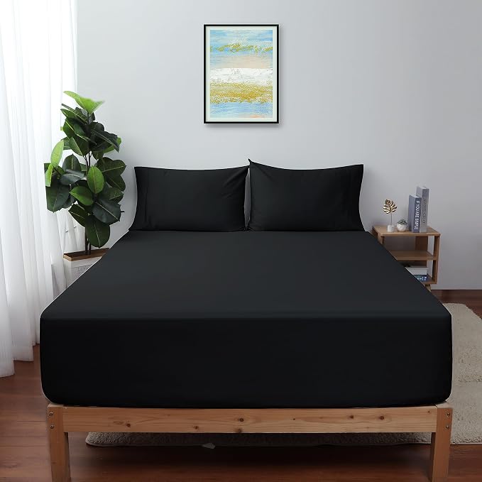 Twin XL Size Fitted Sheet Only Black, 100% Egyptian Cotton 600 Thread Count by ShunjieHome