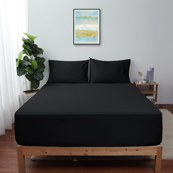 Queen Size Fitted Sheet Only Black, 100% Egyptian Cotton 600 Thread Count by ShunjieHome