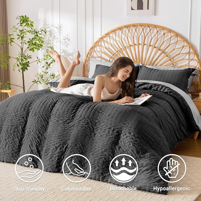 HYMOKEGE Dark Grey/Light Grey Duvet Cover Queen Size, Ultra Soft 3-Piece - Image 2