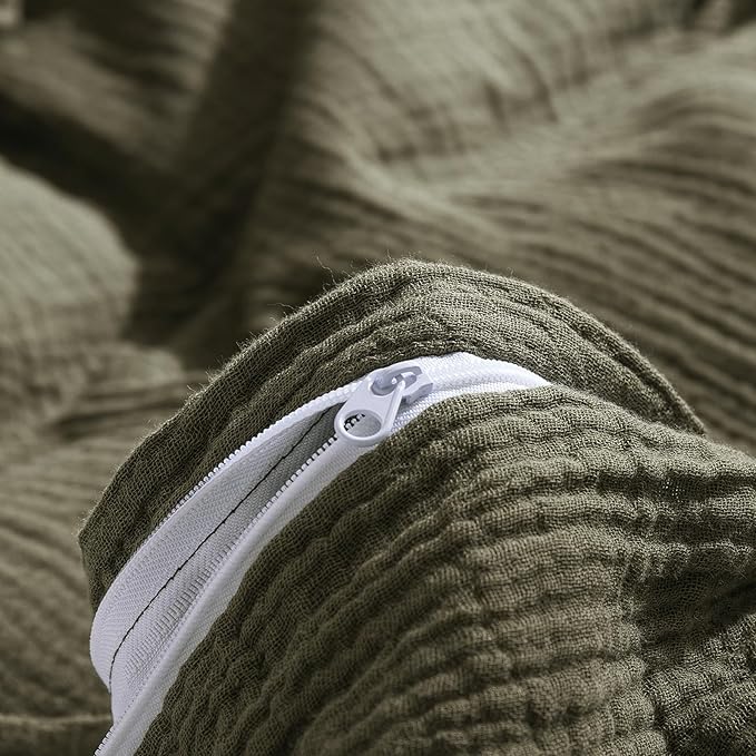 mixinni Olive Green Waffle Weave Duvet Cover Set Queen, 3-Piece 100% Natural - Image 6