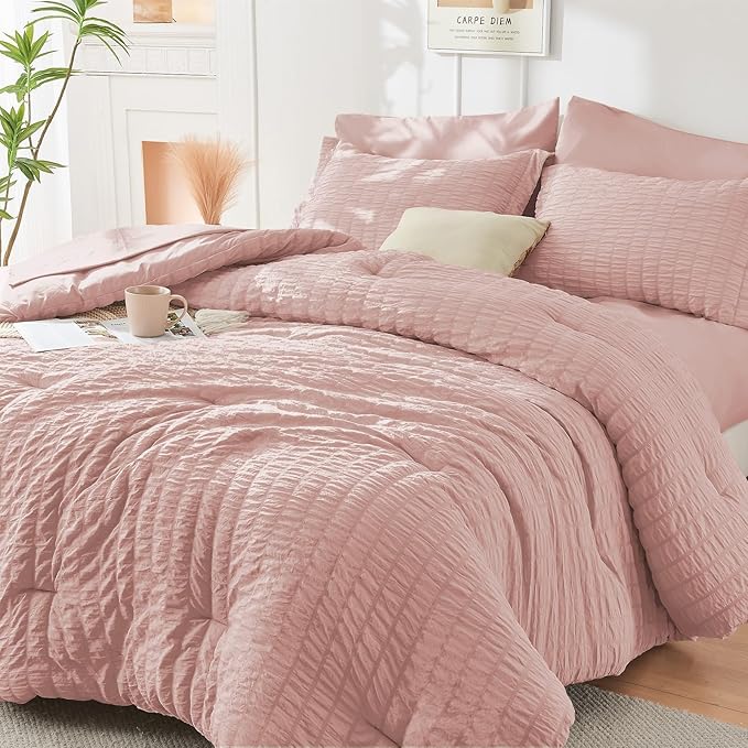 HYMOKEGE Rose Gold King Size Comforter Set Seersucker 7 Pieces, All Season by HYMOKEGE