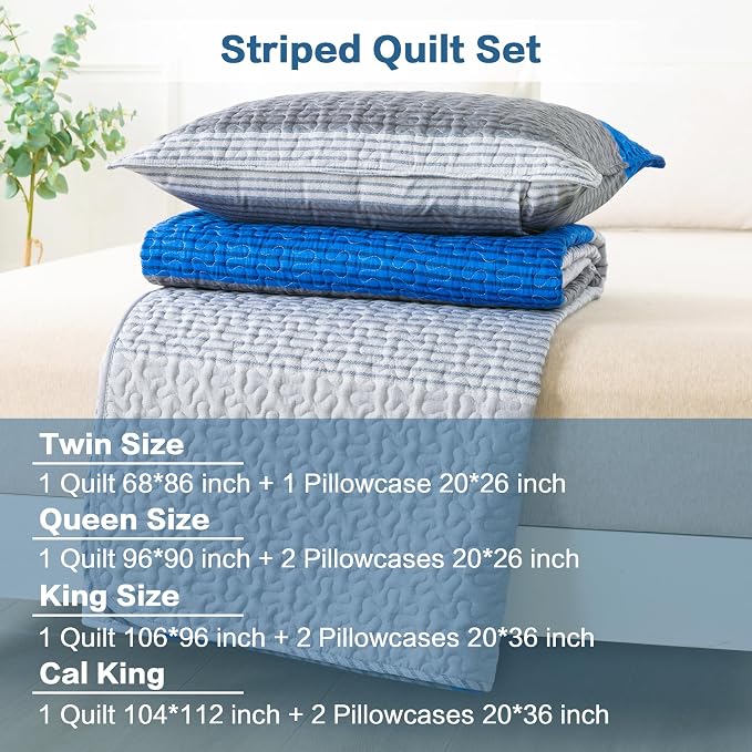 Andency Stripe Quilt Set Queen, 3 Pieces Blue and Grey Patchwork Bedspread - Image 3
