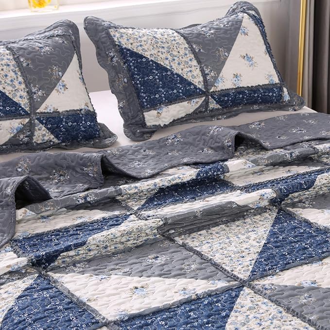 Patchwork Quilt Set King Size Quilted Bedspread Coverlet Set 3-Piece Grey - Image 7