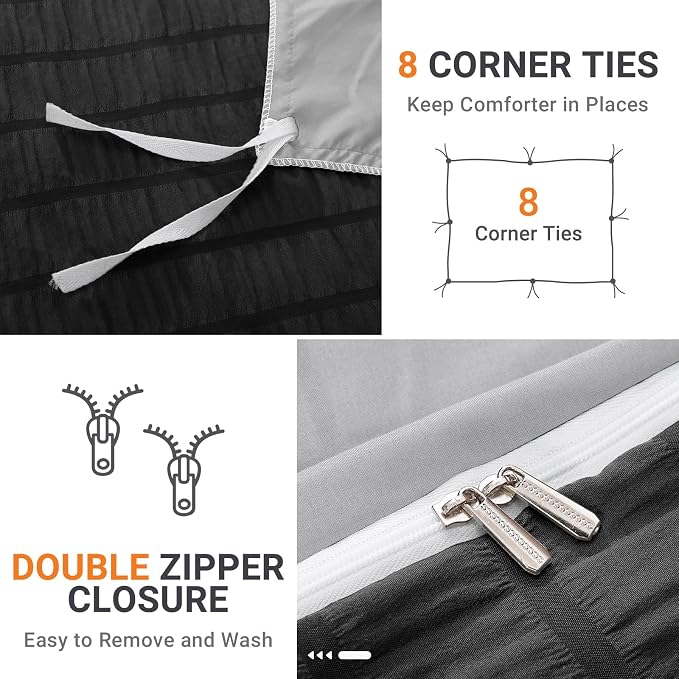 HYMOKEGE Black/Light Grey Duvet Cover Full Size, Ultra Soft 3-Piece Seersucker - Image 5
