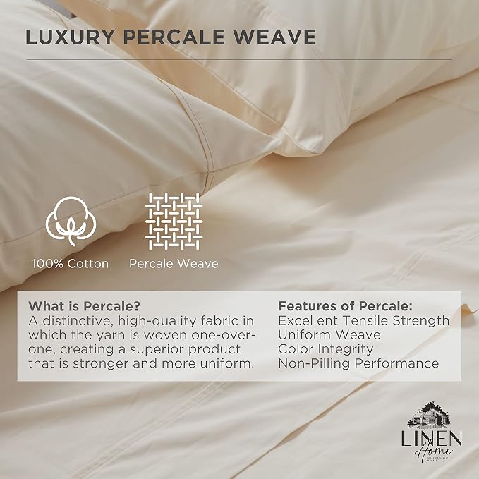 Linen Home 100% Cotton Percale Weave Fitted Sheet, King Size, 1 Deep Pocket - Image 2