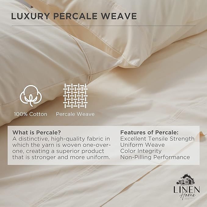 Linen Home 100% Cotton Percale Weave Fitted Sheet Full Size, Deep Pocket Fits - Image 2