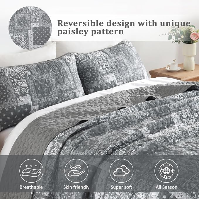 Cottolester Grey Quilt Set King Size, 3 Pieces Boho Patchwork Paisley Quilt Set - Image 3