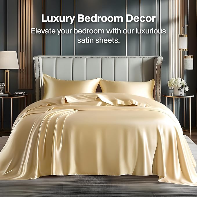 BEDELITE Satin Sheets Twin XL Size Bed Set, Luxury Soft Champagne Silky Sheet - Image 2