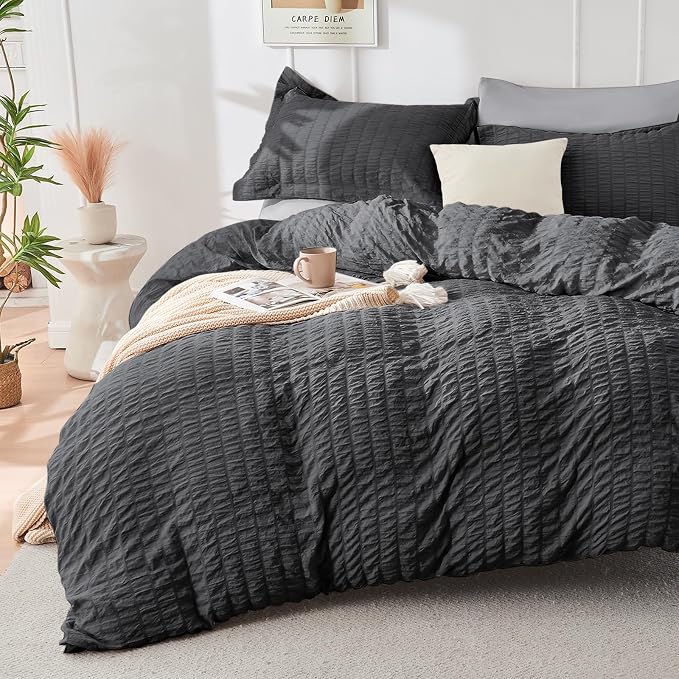 HYMOKEGE Dark Grey/Light Grey Twin XL Comforter Set Seersucker 5 Pieces - Image 2