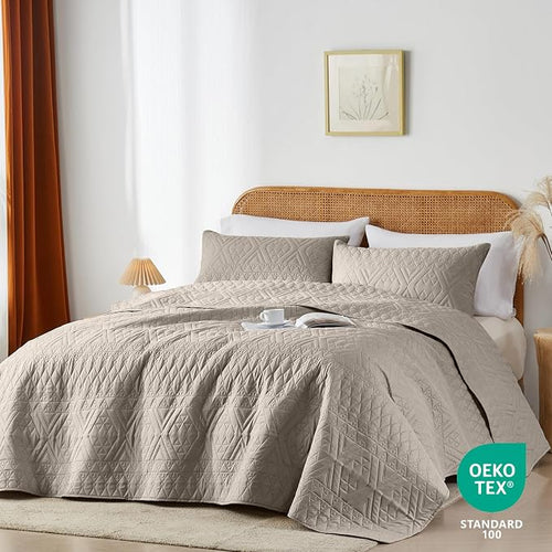 akkialla Full/Queen Quilt Set, Taupe Lightweight Microfiber Bedspread Coverlet - Image 2