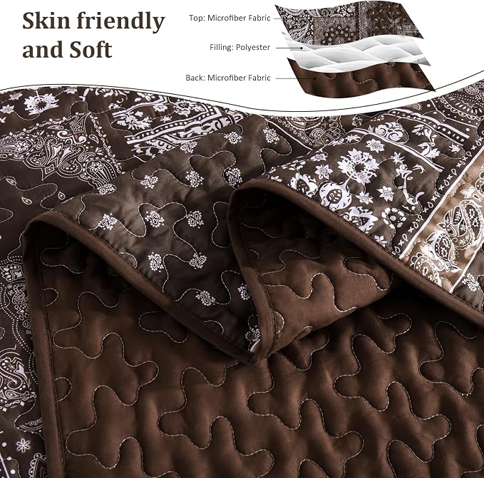 Cottolester Brown Patchwork Quilt Set King Size, 3 Pieces Boho Paisley Quilt Set - Image 4