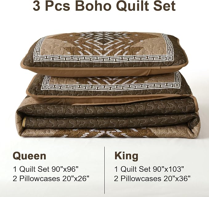 Dintszyayue Brown Quilt Set Queen Size, 3 Piece Boho Aztec Texture Bedspread - Image 8
