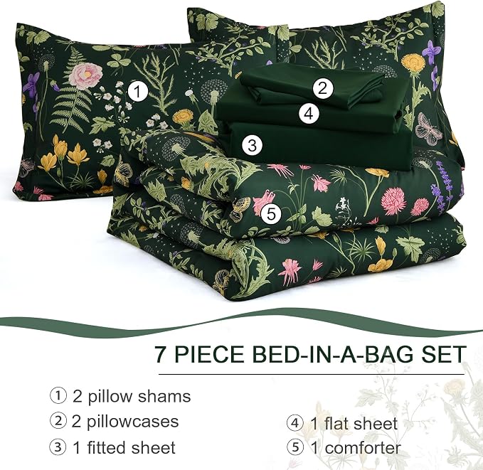 Yiran Queen Comforter Set 7 Piece, Dark Green Floral Bedding Set, Bed in a Bag - Image 7