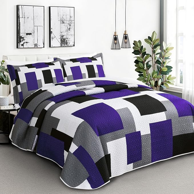 Tyrot 3 Piece Dark Purple Grey Quilt Set King Size Black White Geometric - Image 2