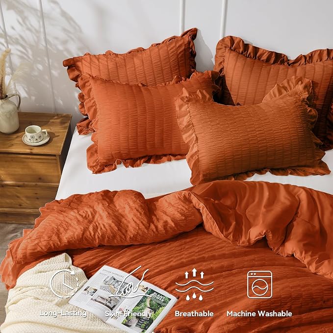 JOLLYVOGUE Burnt Orange Comforter Full Size, 3 Pieces Seersucker Lightweight - Image 3