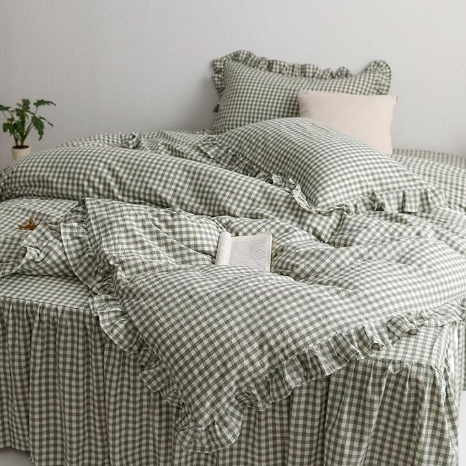 MKXI Sage Green Gingham Duvet Cover Twin XL, 3-Piece Ruffled Bedding Set by MKXI