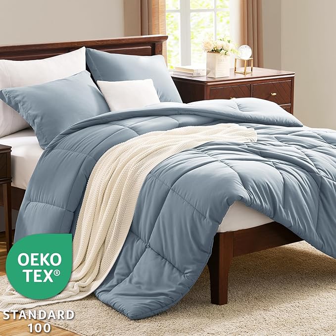 CozyLux Oversized King Comforter Set, 3 Pieces Grayish Blue 120x98 Box Stitched - Image 3