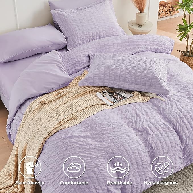 HYMOKEGE Lavender Duvet Cover Queen Size, Ultra Soft 3-Piece Seersucker Duvet - Image 3