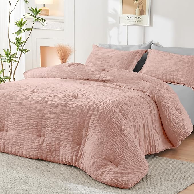 HYMOKEGE Rose Gold/Light Grey Twin Comforter Set Seersucker 5 Pieces, All - Image 8