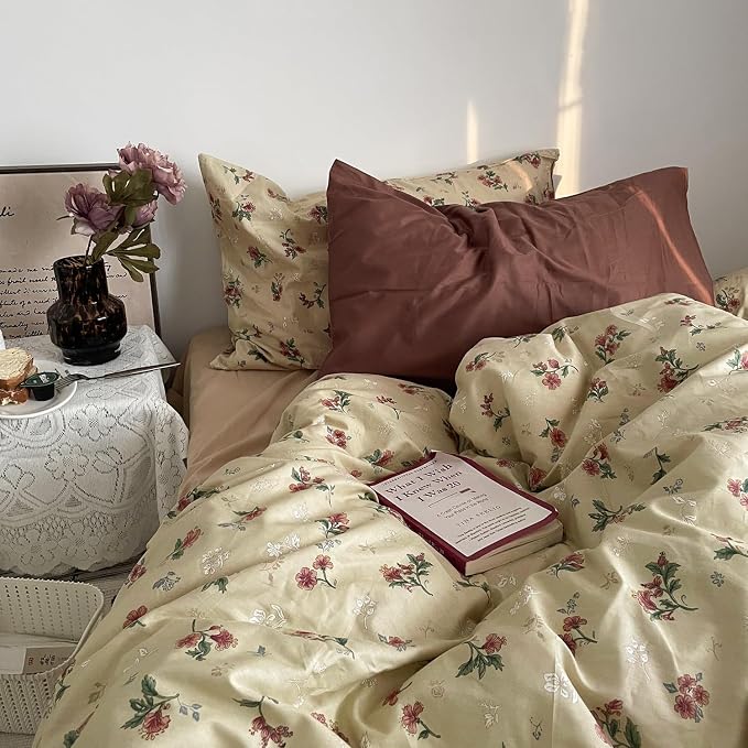 MKXI Yellowish Beige & Red Floral Duvet Cover Set Full Size - Image 4