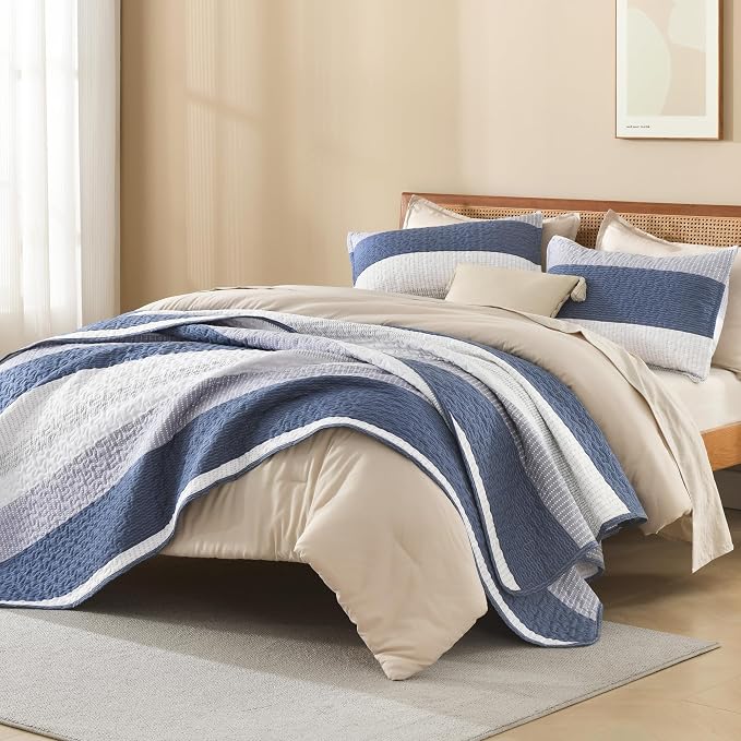 Litanika Oversized King Quilt Set Mineral Blue, 120x98 Stripe Bedspread - Image 4