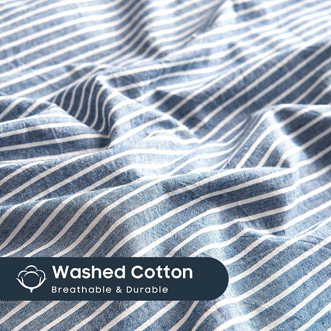 Wake In Cloud - Striped Cotton Duvet Cover Set, 100% Washed Cotton Textured - Image 6