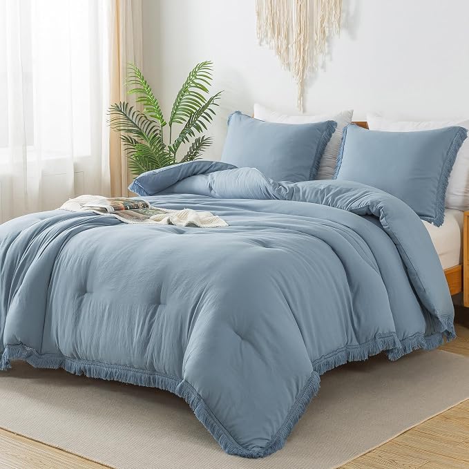 Andency Grayish Blue Comforter Set Twin Size, 2 Pieces Boho Tassel Lightweight by Andency